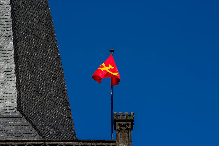 sky, blue, flag, flutter, blow, red, steeple, building, architecture HD wallpaper