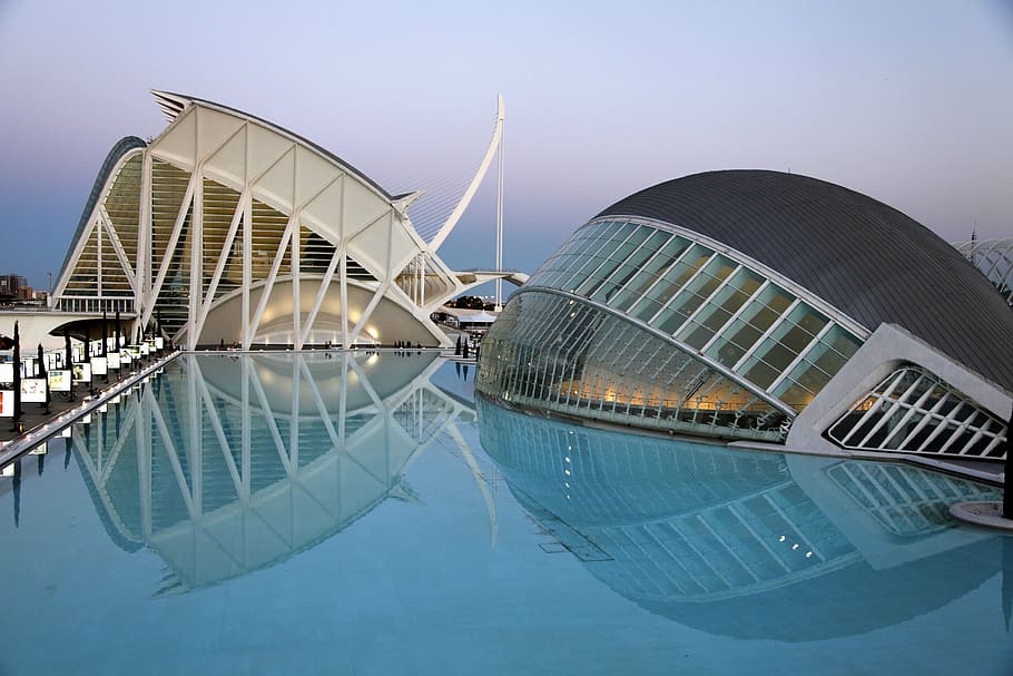 in-ground pool under clear blue sky, architecture, valencia, city science, HD wallpaper
