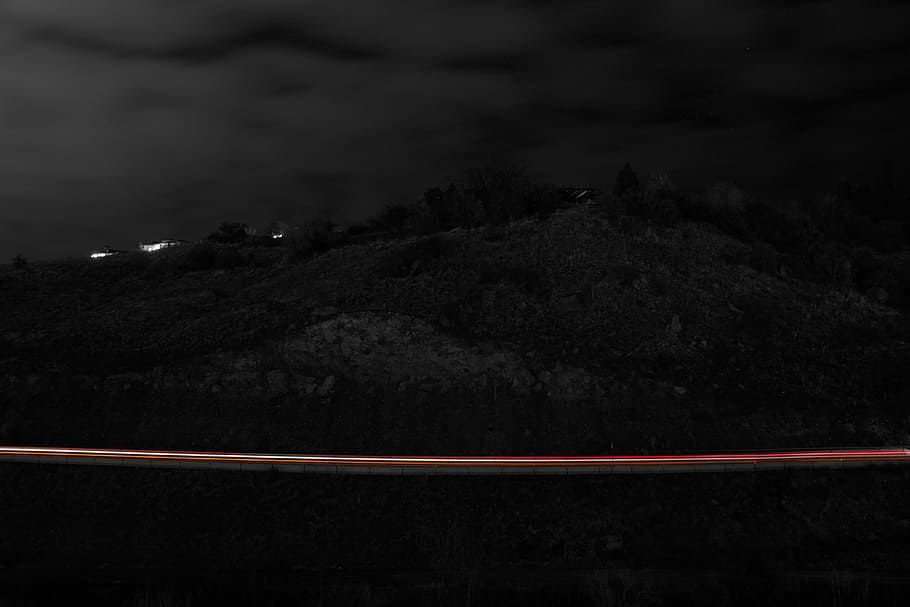 grayscale photo of hills, untitled, road, night, light trail HD wallpaper