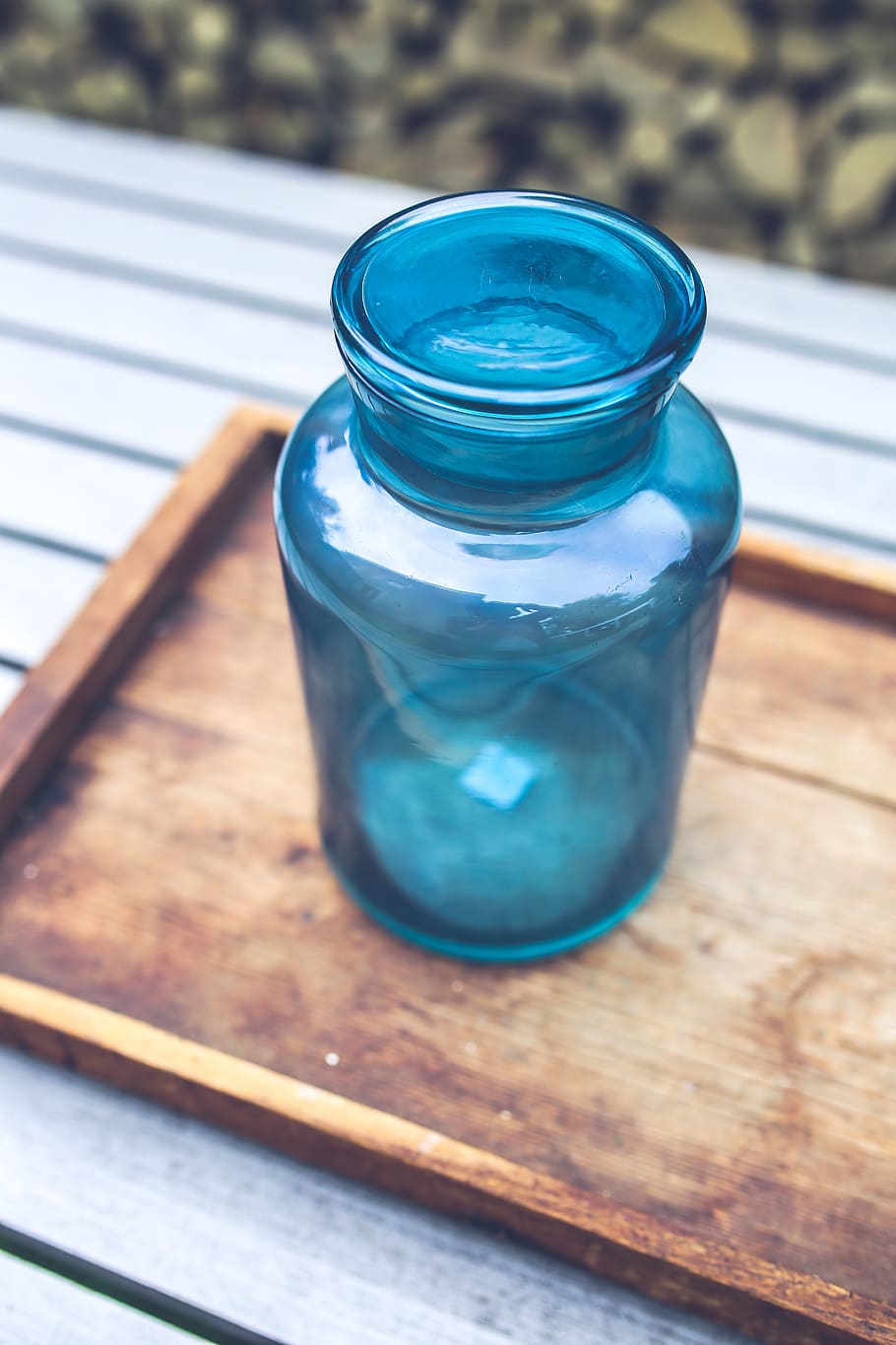 big, blue, jar, tray, wood, wooden, glass, lovely, table, container HD wallpaper
