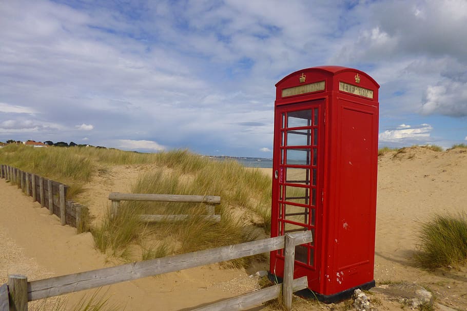 phone booth, beach phone, south gland, telephone, sky, red, HD wallpaper