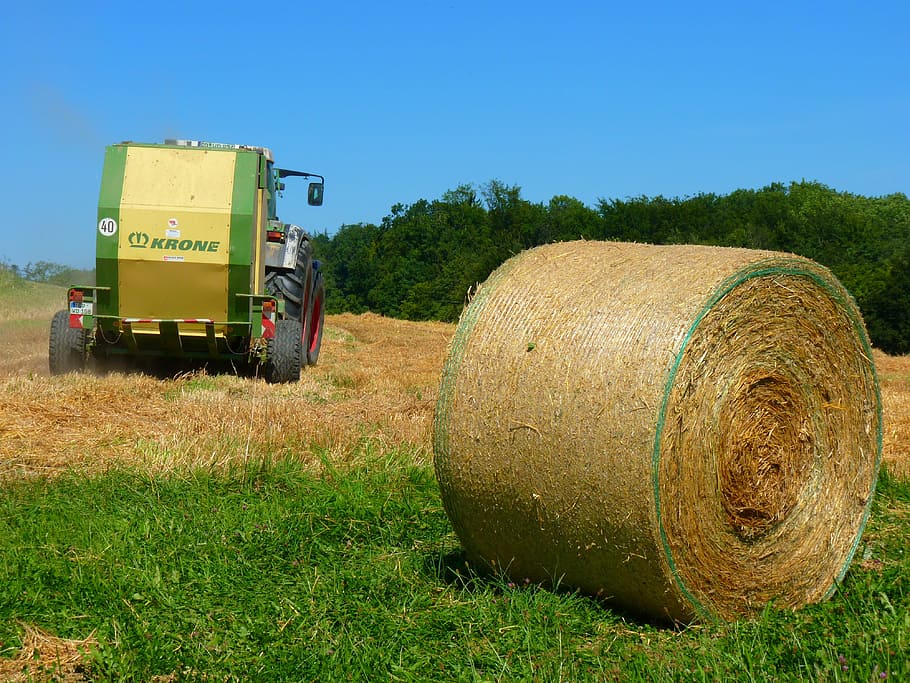 Harvest, Harvested, Field, Straw, round bales, tractor, summer, HD wallpaper