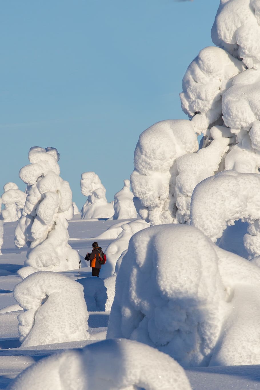 person wearing gray jacket standing near ice formation at daytime HD wallpaper