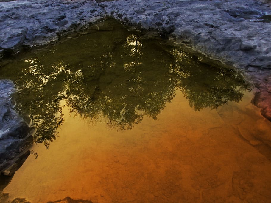 body of water near rock formation, reflection, tree, rainbow HD wallpaper