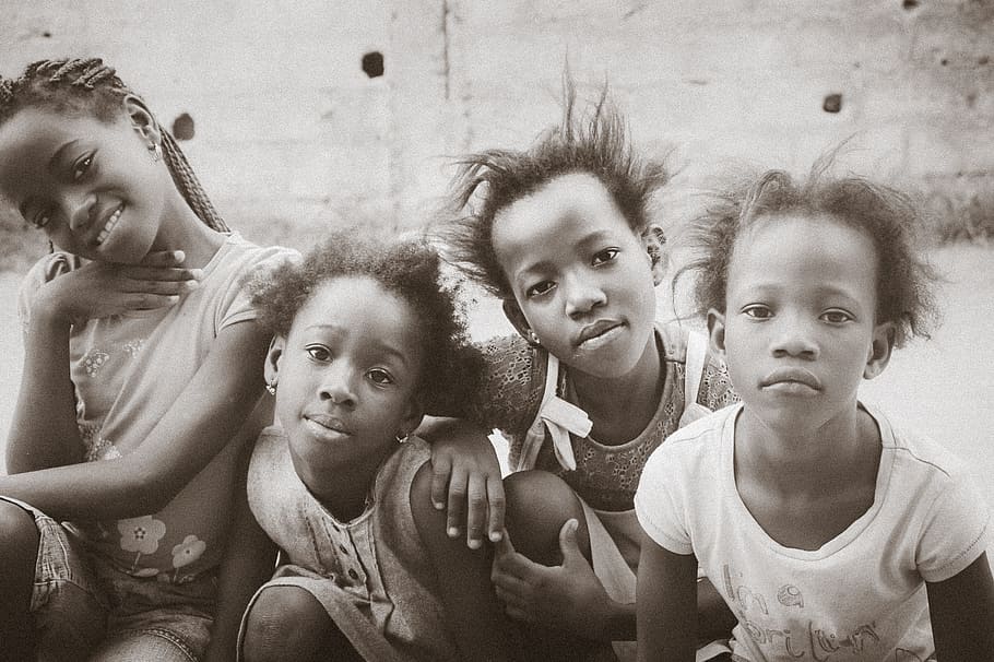 four children n grayscale photography, african child, joy, sadness