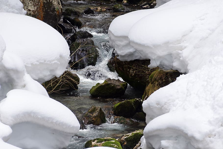 stream, winter, marmolada, dolomites, mountain, snow, cold