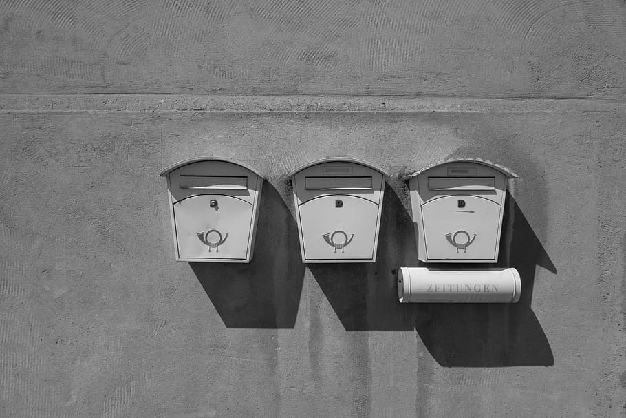 three white mail boxes, mailbox, post, old, newspaper, wall, post horn, HD wallpaper