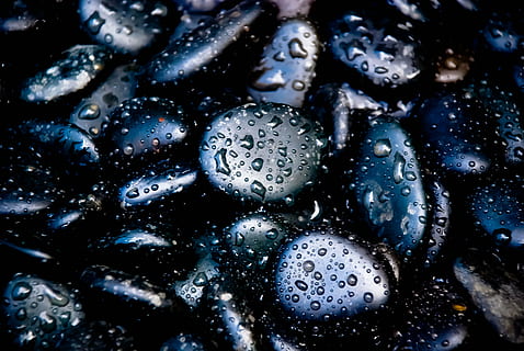 blue and black gemstones, roller, black pebbles, rain, drop HD wallpaper