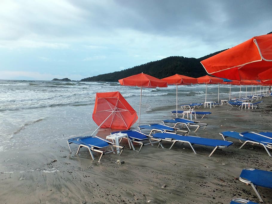 storm, great, cloud, umbrella, beach, land, chair, sky, sand HD wallpaper