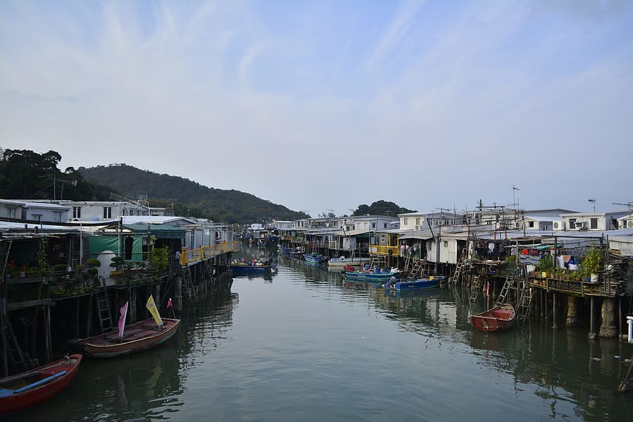 canal between houses under calm sky, hongkong, tai o, water, island, HD wallpaper