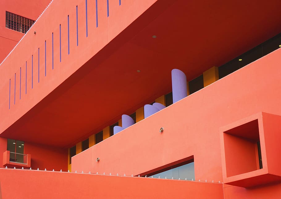 orange wall building closeup photography, architectural photography of red house