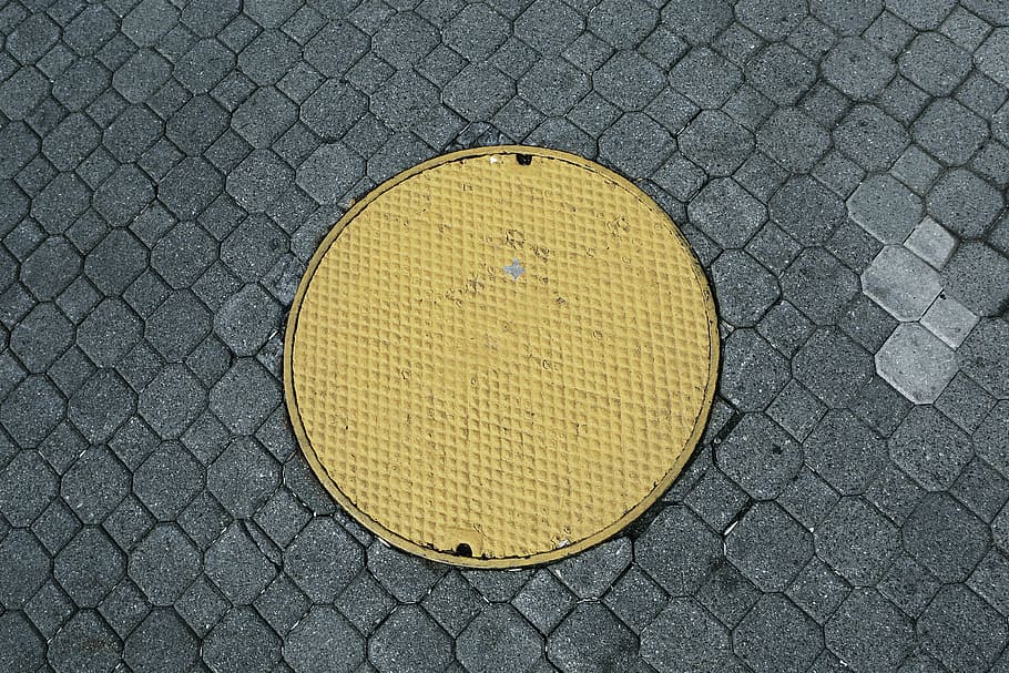 round yellow man hole cover, frame, manhole, cobblestone, pattern HD wallpaper