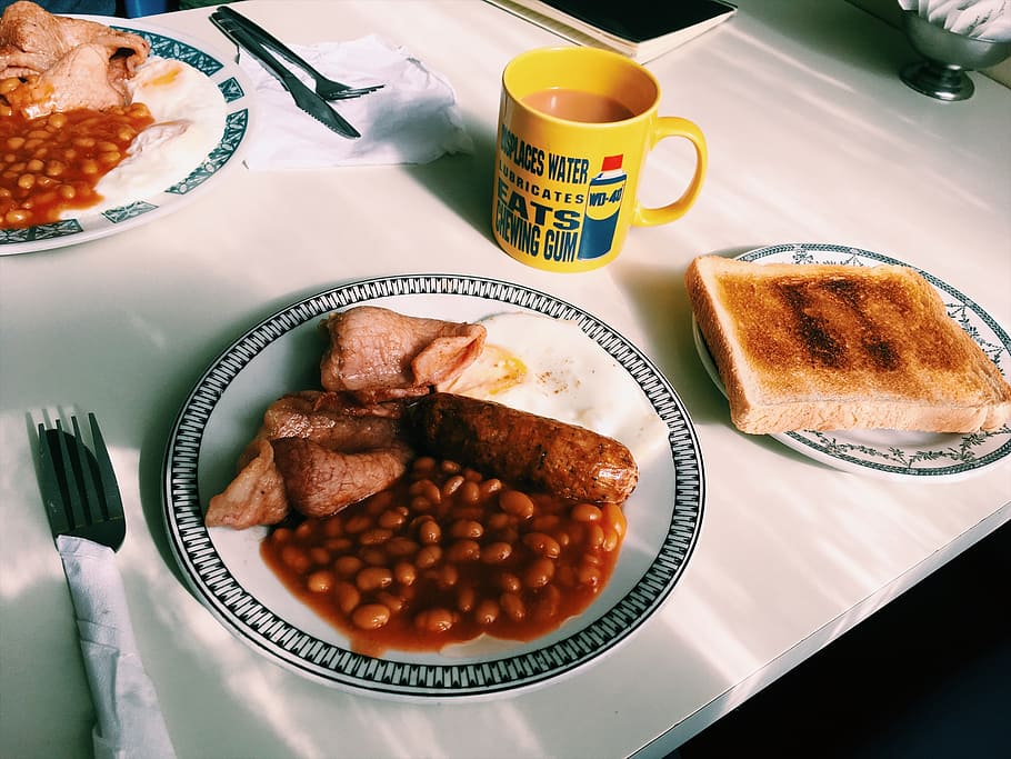 english, breakfast, toast, tea, food, bacon, egg, full, cooked, HD wallpaper