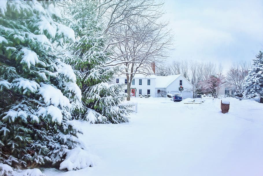white house during winter, christmas house, snowy neighborhood