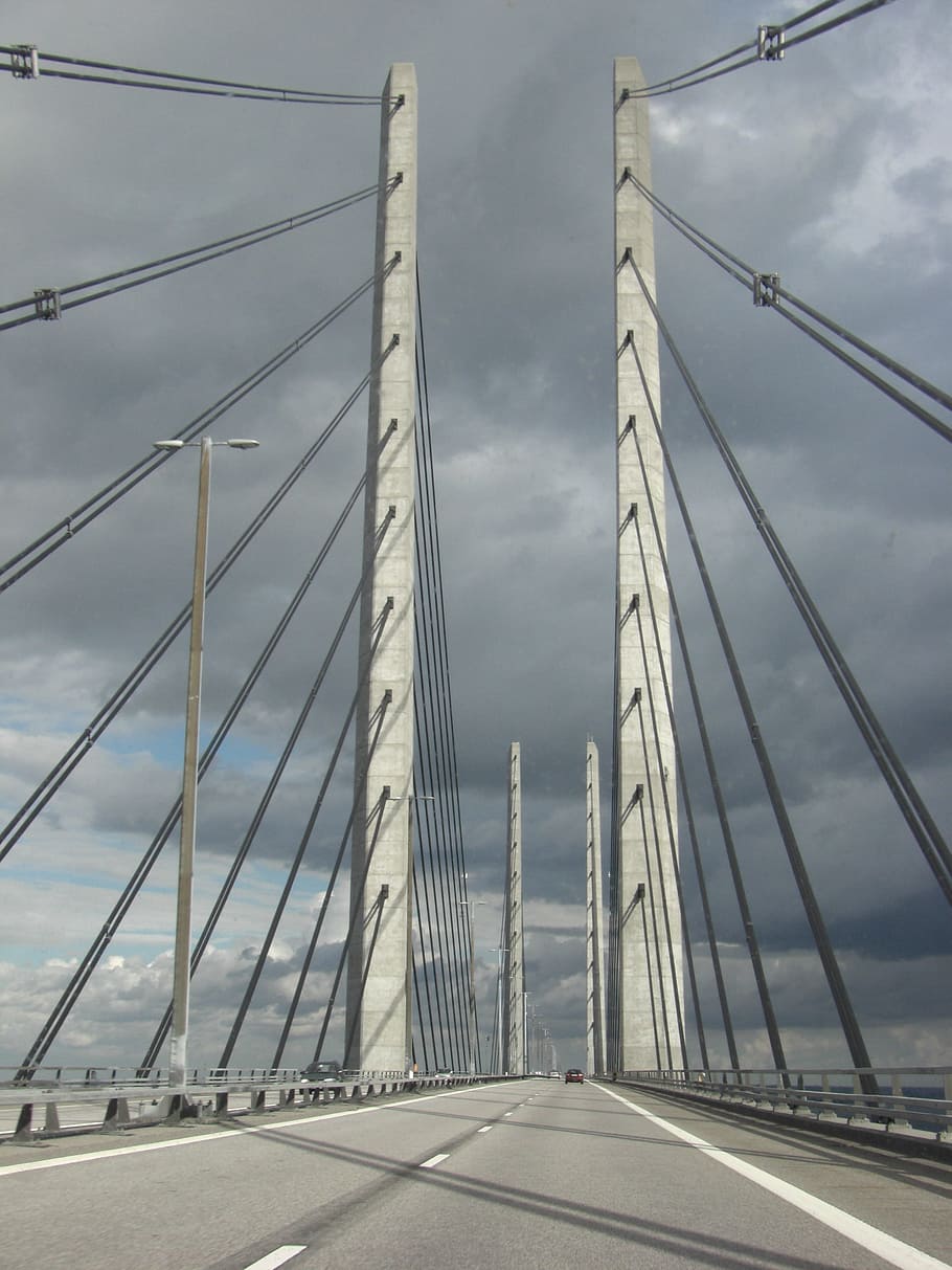 bridge, denmark, highway, oresund bridge, transportation, sky, HD wallpaper