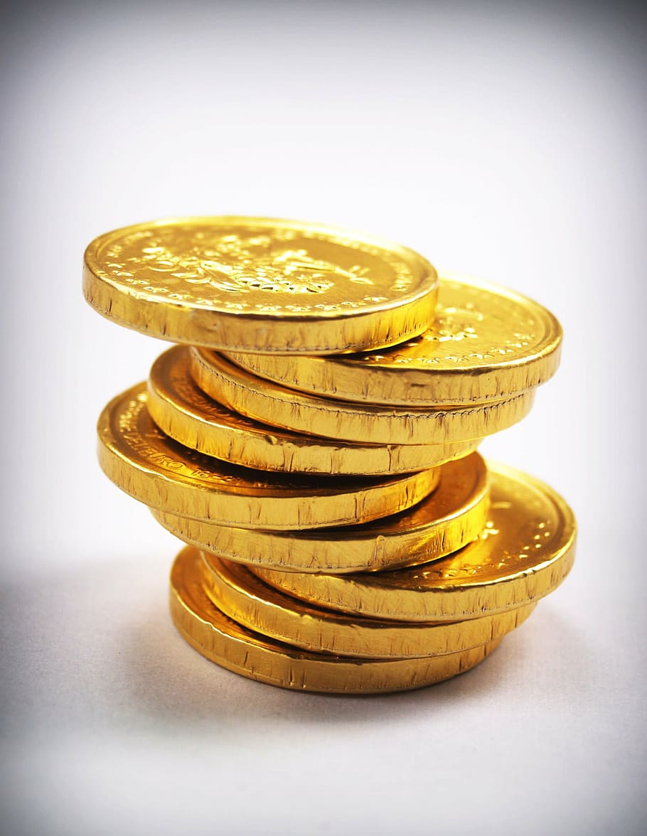 stacked chocolate coins, gold, cash, isolated, tower, economy