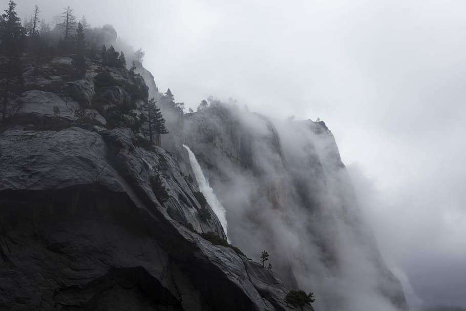 grayscale photo of waterfalls, waterfalls coming from foggy mountain, HD wallpaper