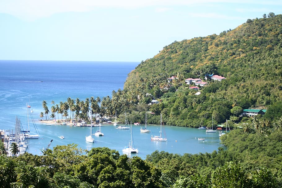 blue sea nearby green moutains, marigot bay, st lucia, landscape