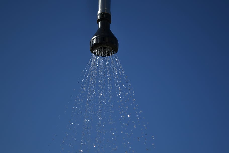 black shower head, water, sky, blue, low angle view, nature HD wallpaper