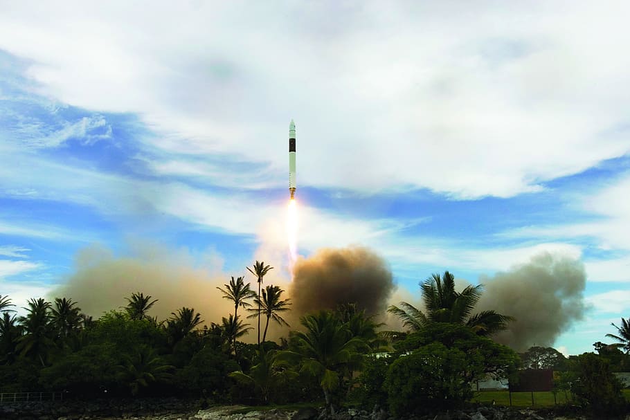 Rocket Launch Photo, aircraft, aviation, clouds, daylight, flames, HD wallpaper