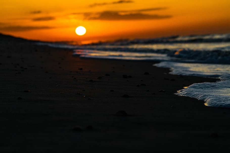seashore during sunset, dusk, dawn, beach, beach sunset, orange sky, HD wallpaper