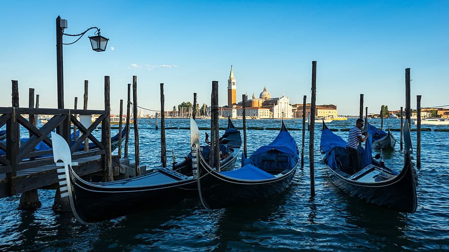 three blue gondolas near brown deck, transportation, mode of transportation HD wallpaper