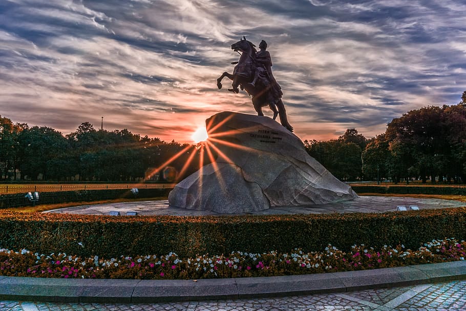 dawn, sunset, landmark, park, Bronze Horseman, day, dusk, famous HD wallpaper