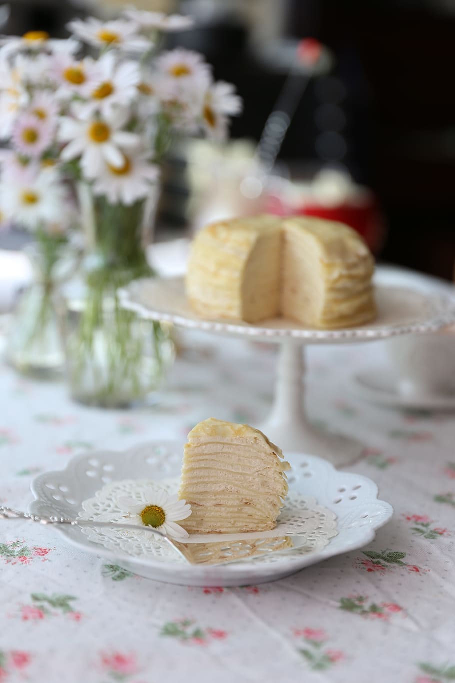 sliced of cake on saucer, crepe cake, dessert, tea time, homemade, HD wallpaper