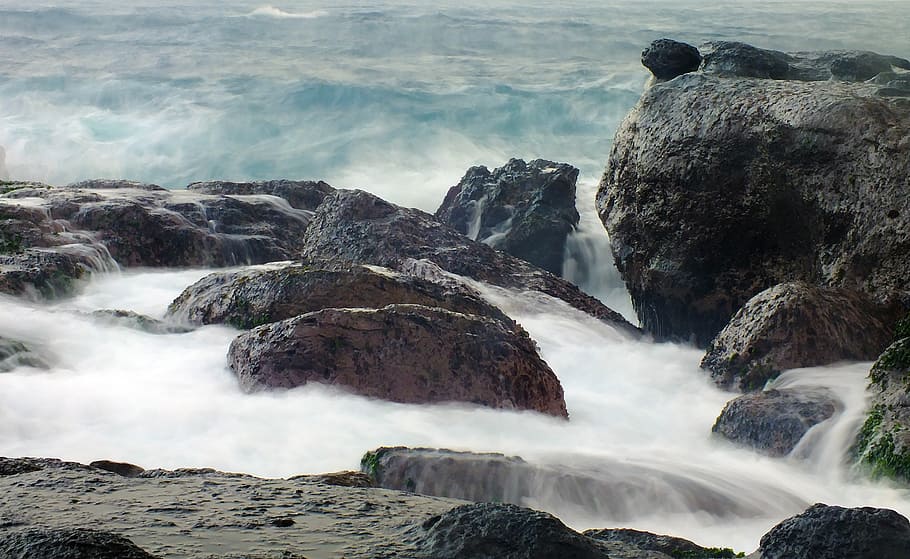 hai bian, falls, stone, landscape, the waves, taiwan, spray, HD wallpaper