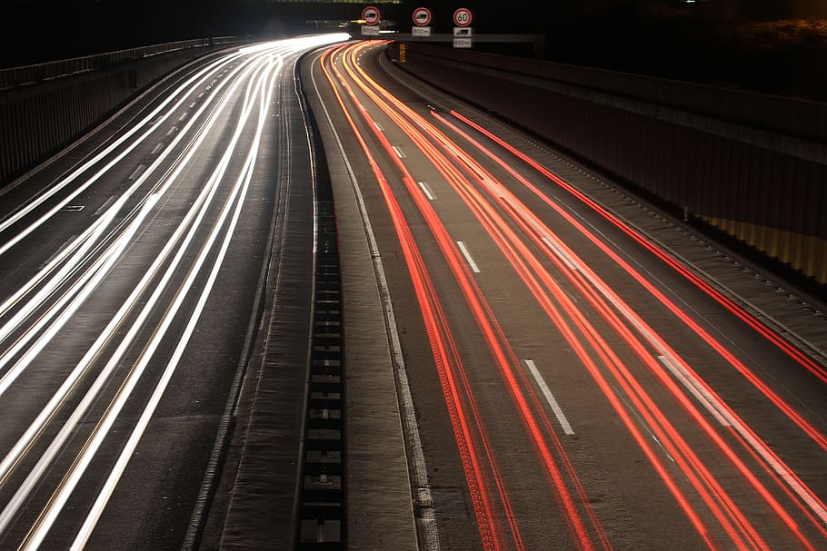 highway, long exposure, auto, night, spotlight, tracer, road HD wallpaper