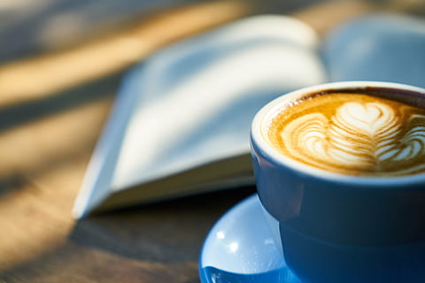 cup of latte with heart art on top of white saucer, coffee HD wallpaper