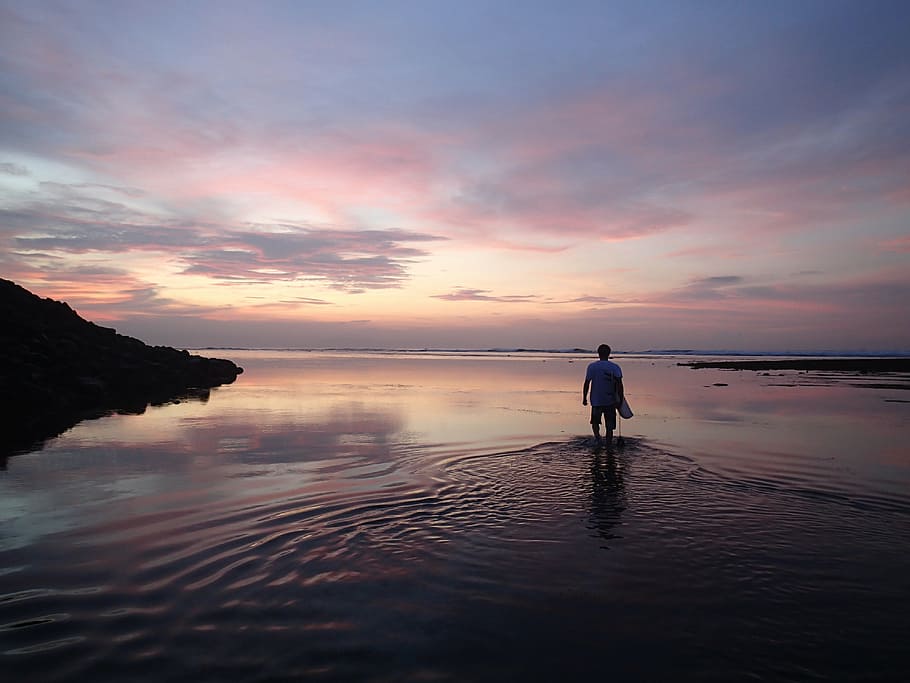 sunrise, sea, surf, sunset, beach, nature, people, men, outdoors HD wallpaper