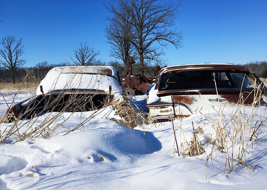 auto, vehicle, abandoned, rust, old, snow, cold temperature HD wallpaper