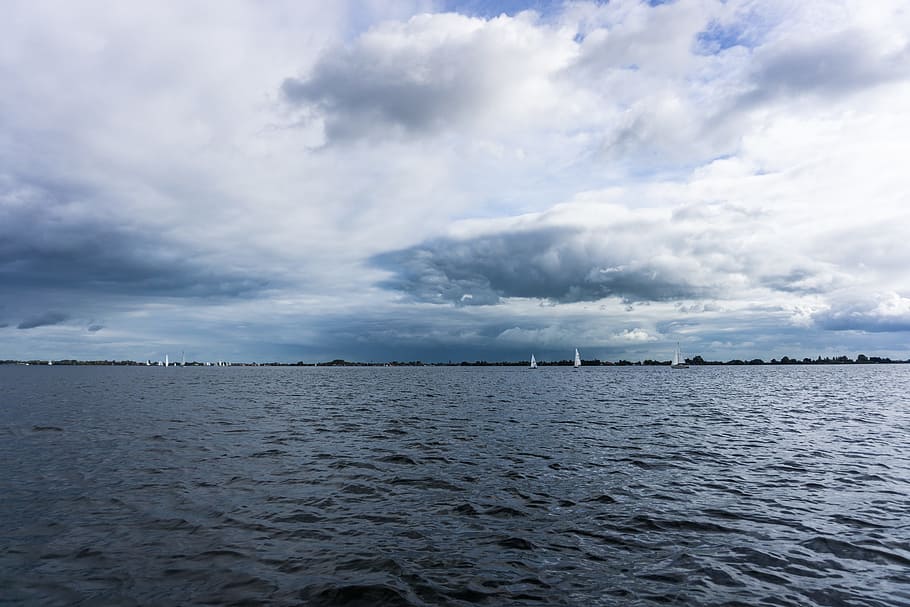 clouds, water, sailing, white, blue, boats, landscape, blue skies HD wallpaper