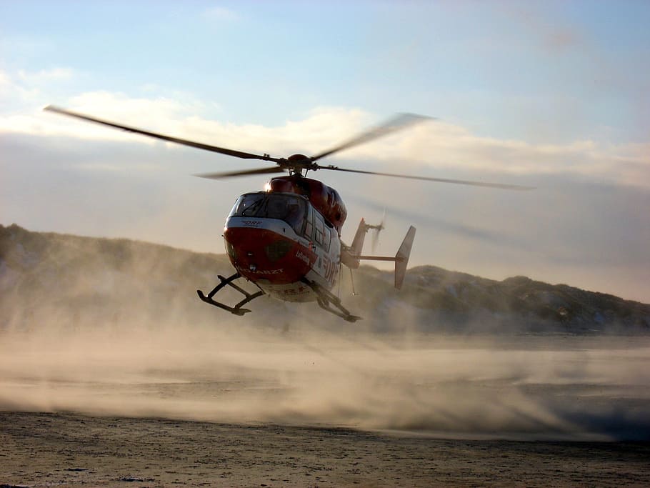 white and red flying helicopter, sky, beach, departure, air vehicle HD wallpaper