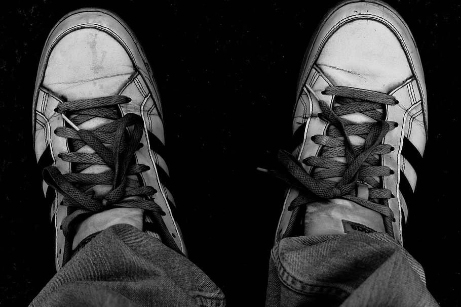 shoes, trekking shoes, black and white, b w, lightroom, jeans, HD wallpaper