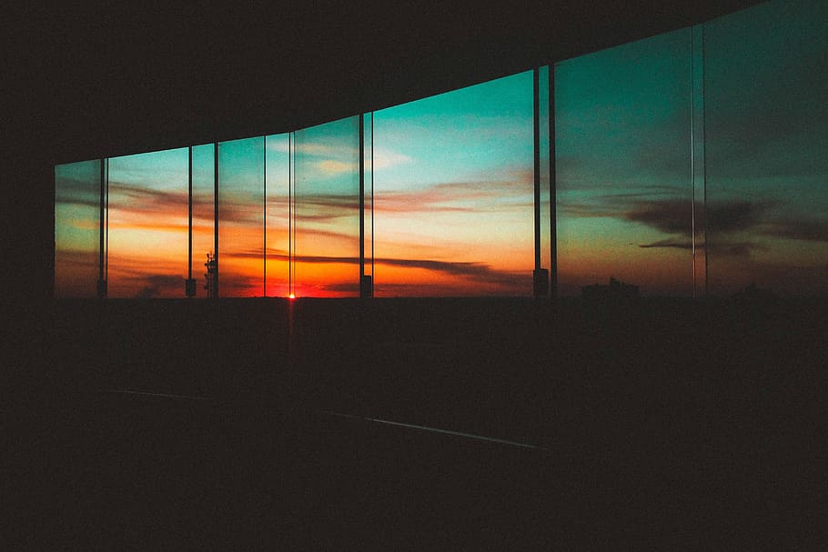 sunset, clouds, windows, silhouette, glass, nature, dark, sky HD wallpaper