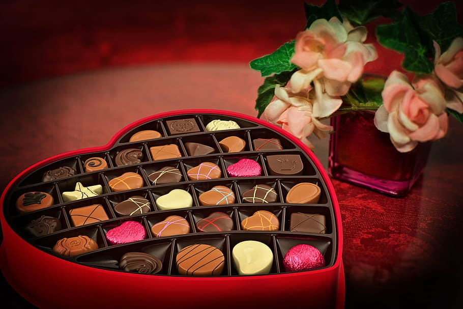 chocolates inside heart shape box, valentine's day, candy, love