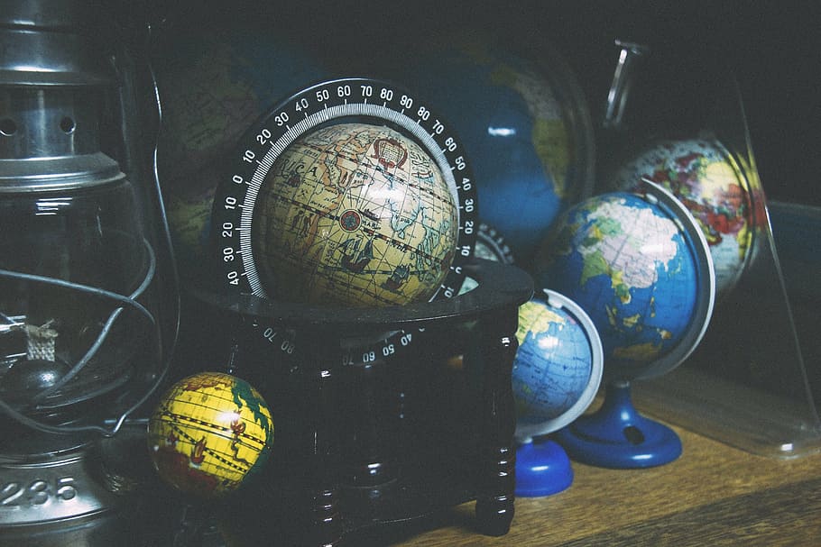 black terrestrial globe and three desk globes, world, geography HD wallpaper