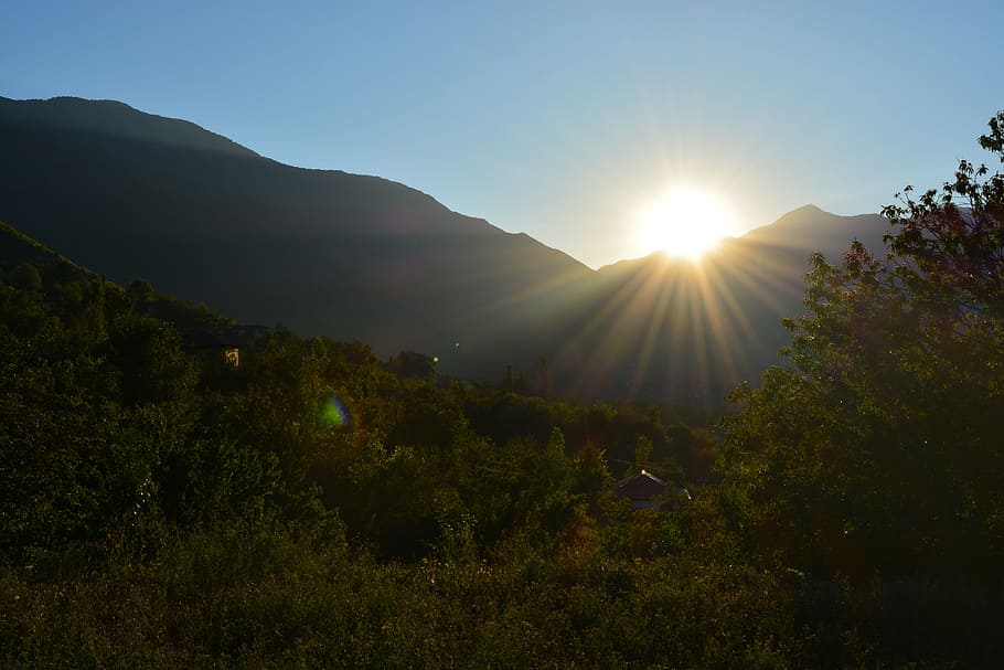 sun, mountains, blue sky, sunlight, beauty in nature, tree HD wallpaper