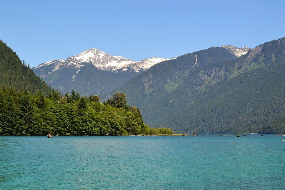 Mountains, Trees, Water, Blue, Blue, Lake, summer, snow, scenics HD wallpaper