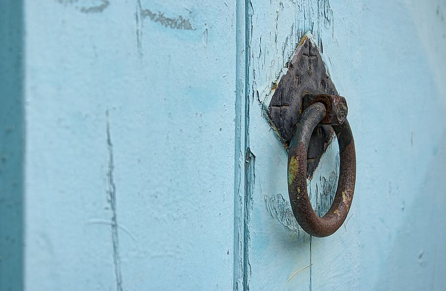 black door knocker on door, door handle, rusty, old, ancient HD wallpaper
