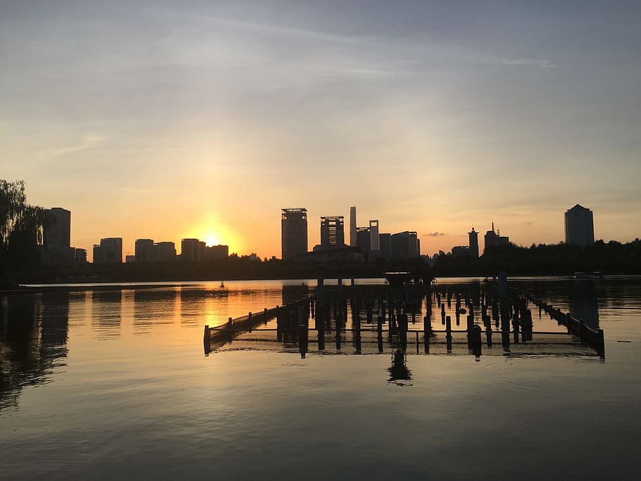 shanghai, sunset, lake, sky, architecture, built structure HD wallpaper