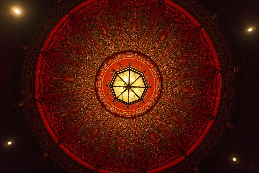 ceiling, art, design, architecture, building, red, indoors HD wallpaper