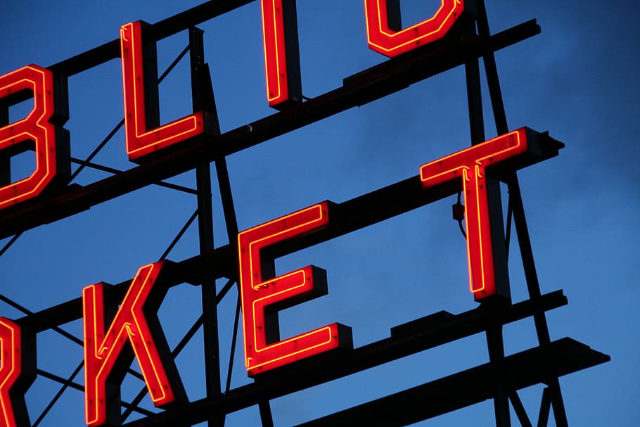 Public Market, low angle photography of Market neon signage, lights HD wallpaper
