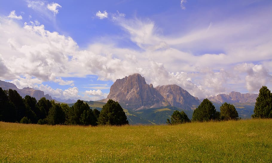 dolomites, mountain, prato, trees, rock, clouds, cloudy, sky HD wallpaper