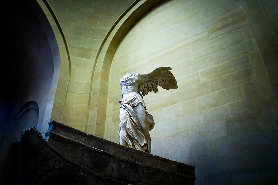 winged victory of samothrace, louvre, statue, paris, greek