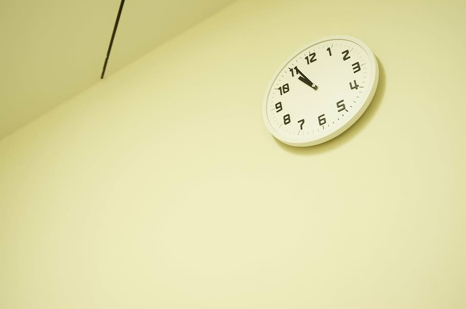 round white wall clock at 10:55, time, promise, test, study, night shift, HD wallpaper