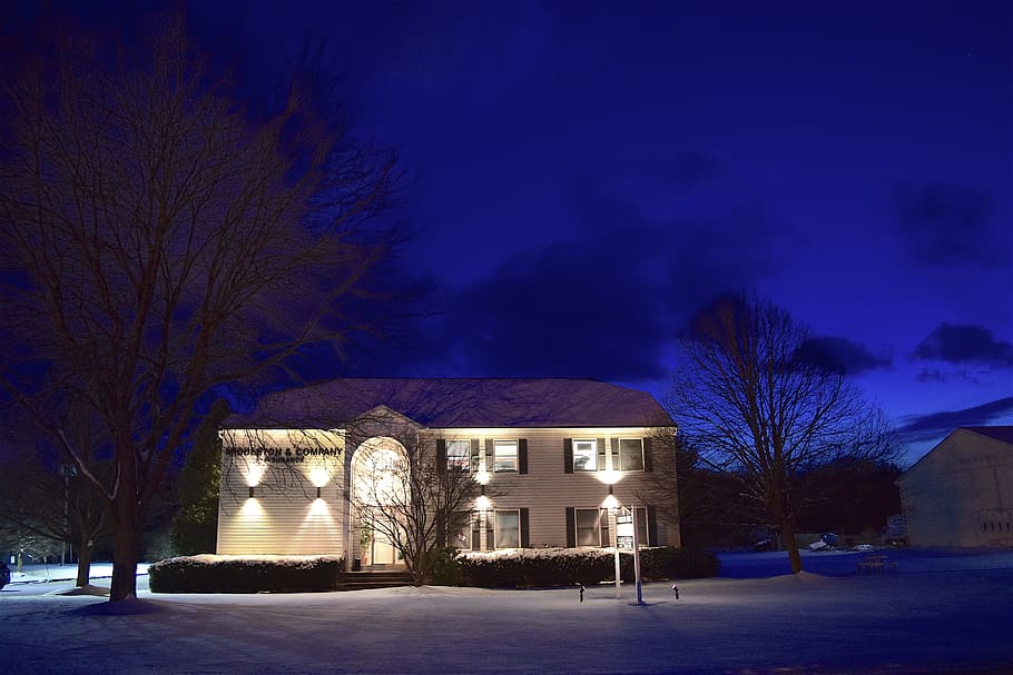 House, Night, Sunset, Blue, Sky, Light, shining, snow, building HD wallpaper