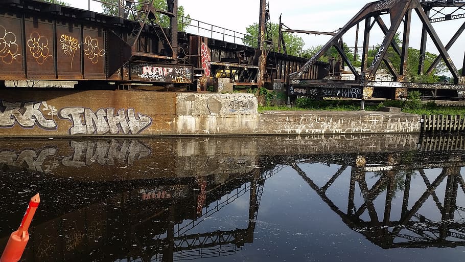 graffiti, iron, rusty, brown, water, built structure, reflection HD wallpaper